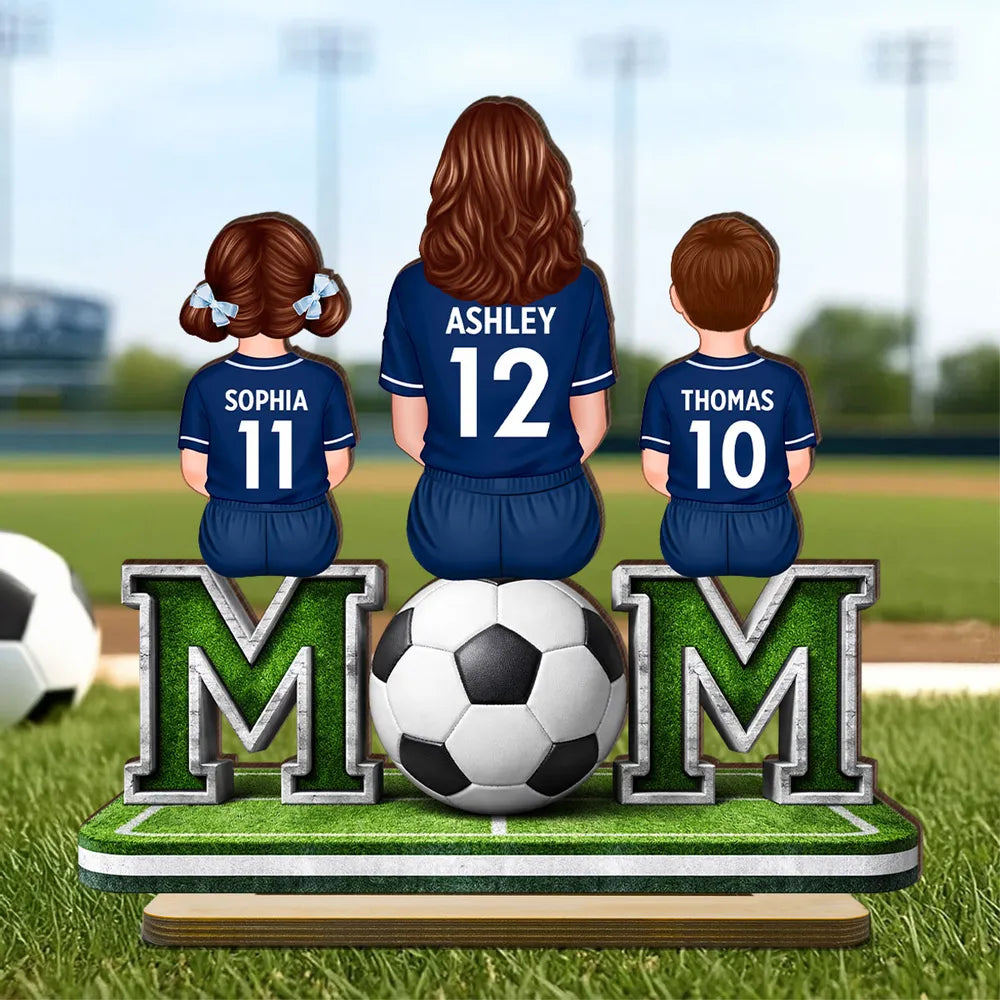 Personalized Soccer Mom and Kids 2-Layer Wooden Plaque, Sitting on Field with Ball, Unique Gift for Mom with Heartfelt Keepsake