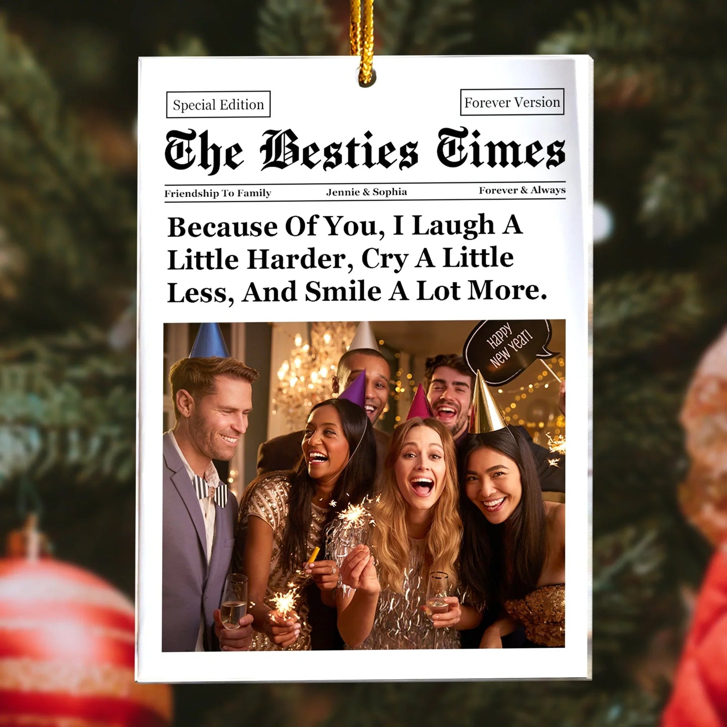 Personalized Acrylic Ornament for Best Friends – Newspaper Style Photo Acrylic Ornament, Unique Christmas Gift with Heartwarming Quote