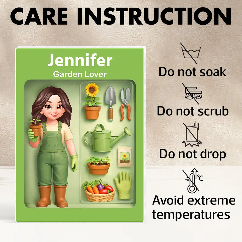 Personalized Rectangle Acrylic Block Plaque Garden Lover Desk Decor, Cute Cartoon Gardener With Tools, Unique Gift