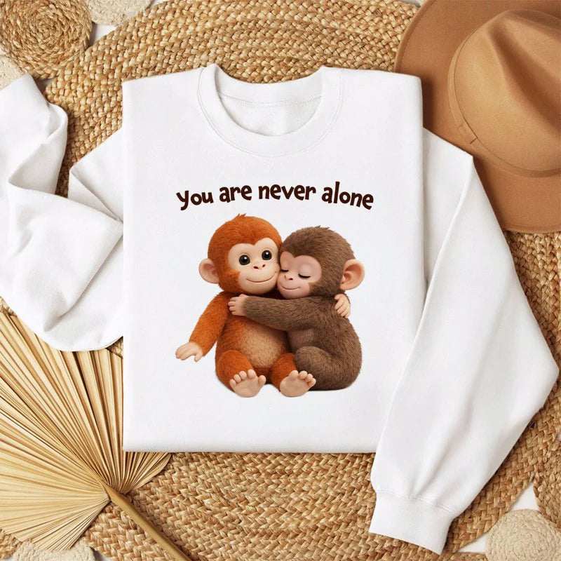 Personalized Classic Tee with Hugging Baby Monkeys You are never alone Quote - Unique Cute Gift for a Best Friend