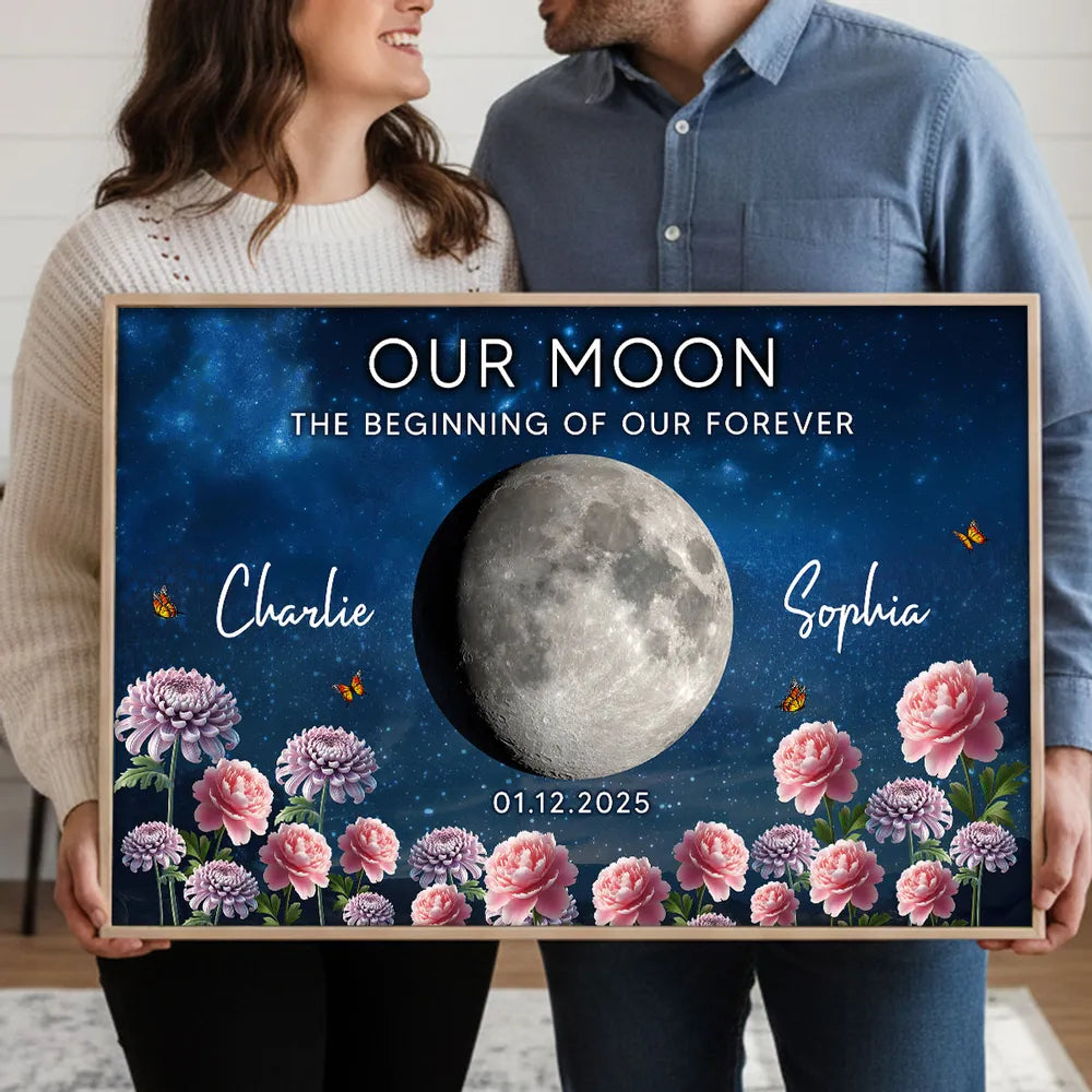 Personalized Our Moon Starry Sky Floral Poster, Custom Couple Keepsake Wall Art, Unique Romantic Gift
