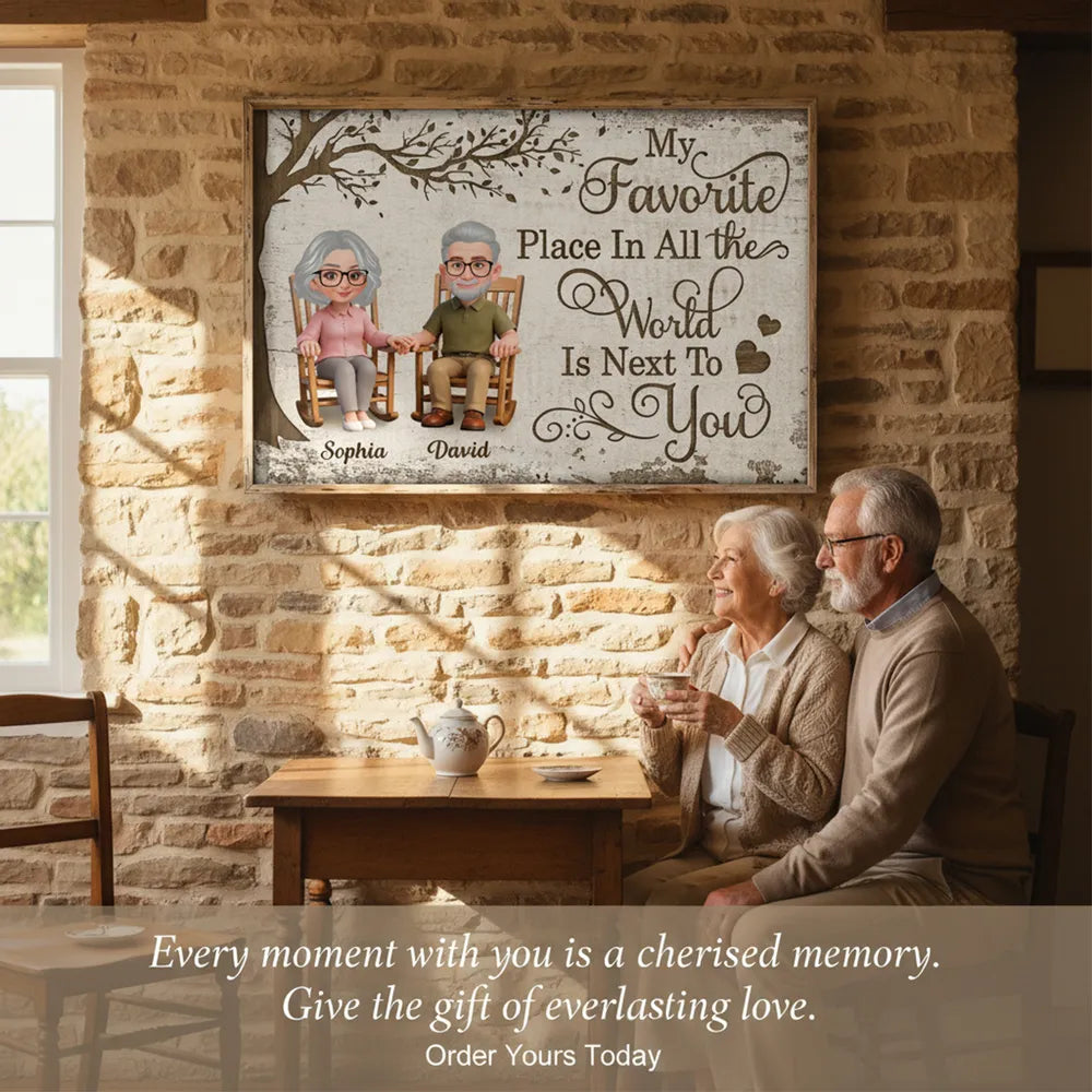 My Favorite Place Is Next To You Poster, Personalized Elder Couple Wall Decor with Hearts, Sweet Everyday Love Gift for Couple