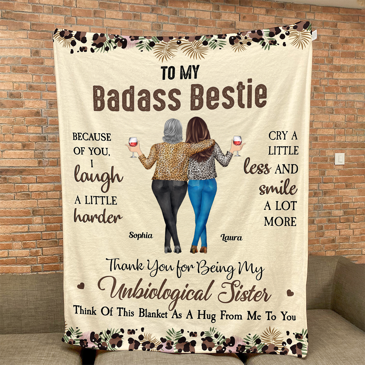 To My Badass Bestie Fleece Blanket, Personalized Friendship Hug Throw, Cute Leopard Floral Design, Creative Gift