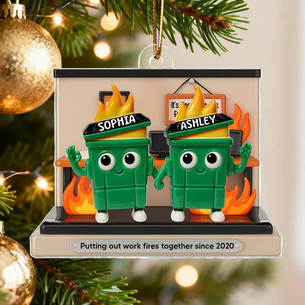 Funny Office Acrylic Ornament With Flaming Trash Cans, Unique Coworker Gift For Desk Or Tree