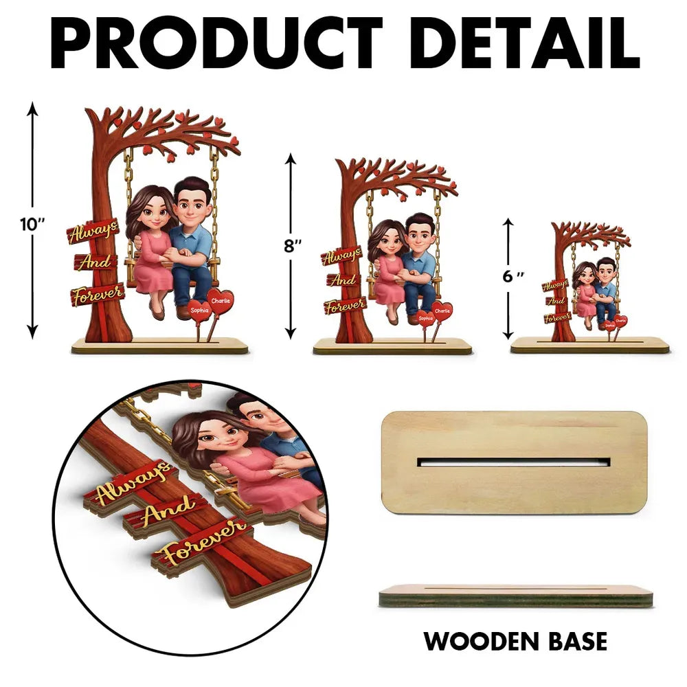 Personalized 2-Layer Wooden Plaque Couple on Swing Under Heart Tree, Always And Forever Romantic Unique Gift for Her or Him