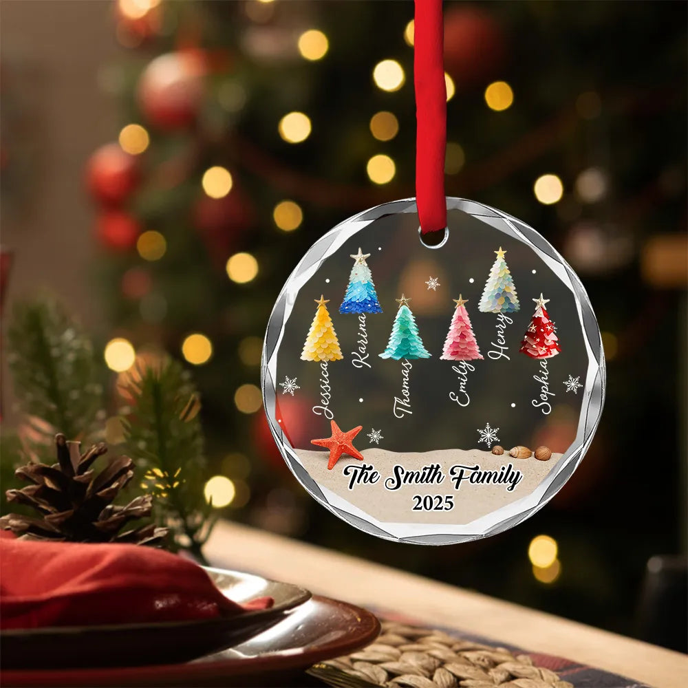 Custom Crystal Ornament with Beach-Inspired Christmas Trees, Personalized Family Name Holiday Decor, Creative Christmas Gift for Loved Ones