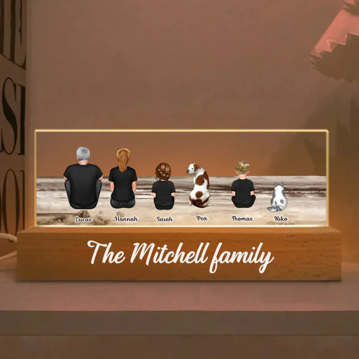 Personalized LED Light Plaque with Family Back View Beach Sunset Scene, Custom Home Accent, Unique Gift for Parents & Kids