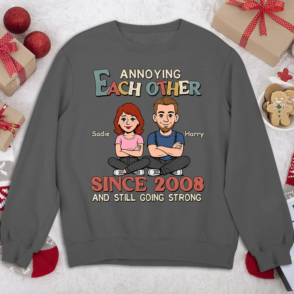 Personalized Classic Tee Funny Couple Cartoon Sitting Together Cute Gift for Husband or Wife Annoying Each Other Vibe