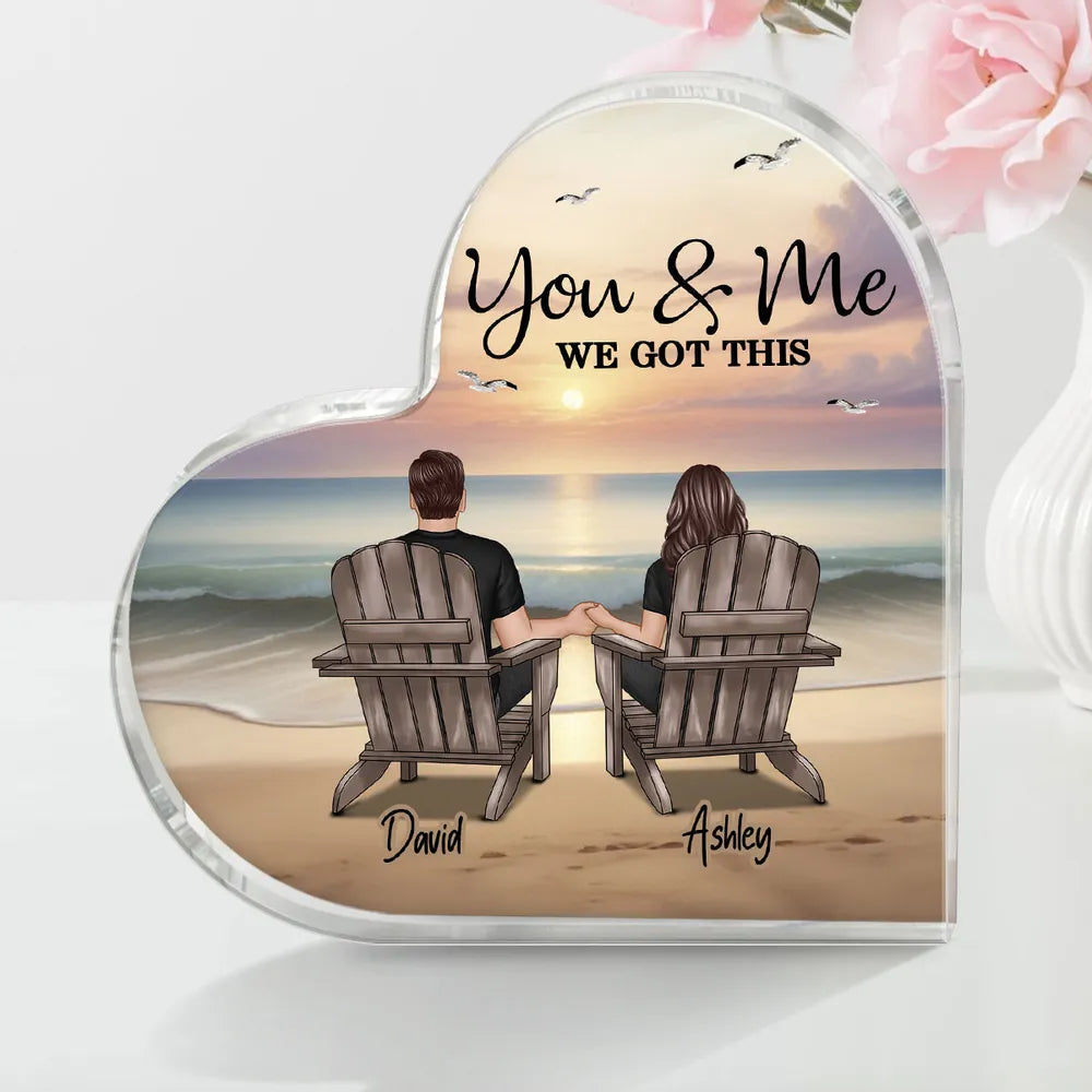 Heart Acrylic Block Plaque with You & Me Couple Back View on Beach, High Clarity, Romantic Keepsake Gift