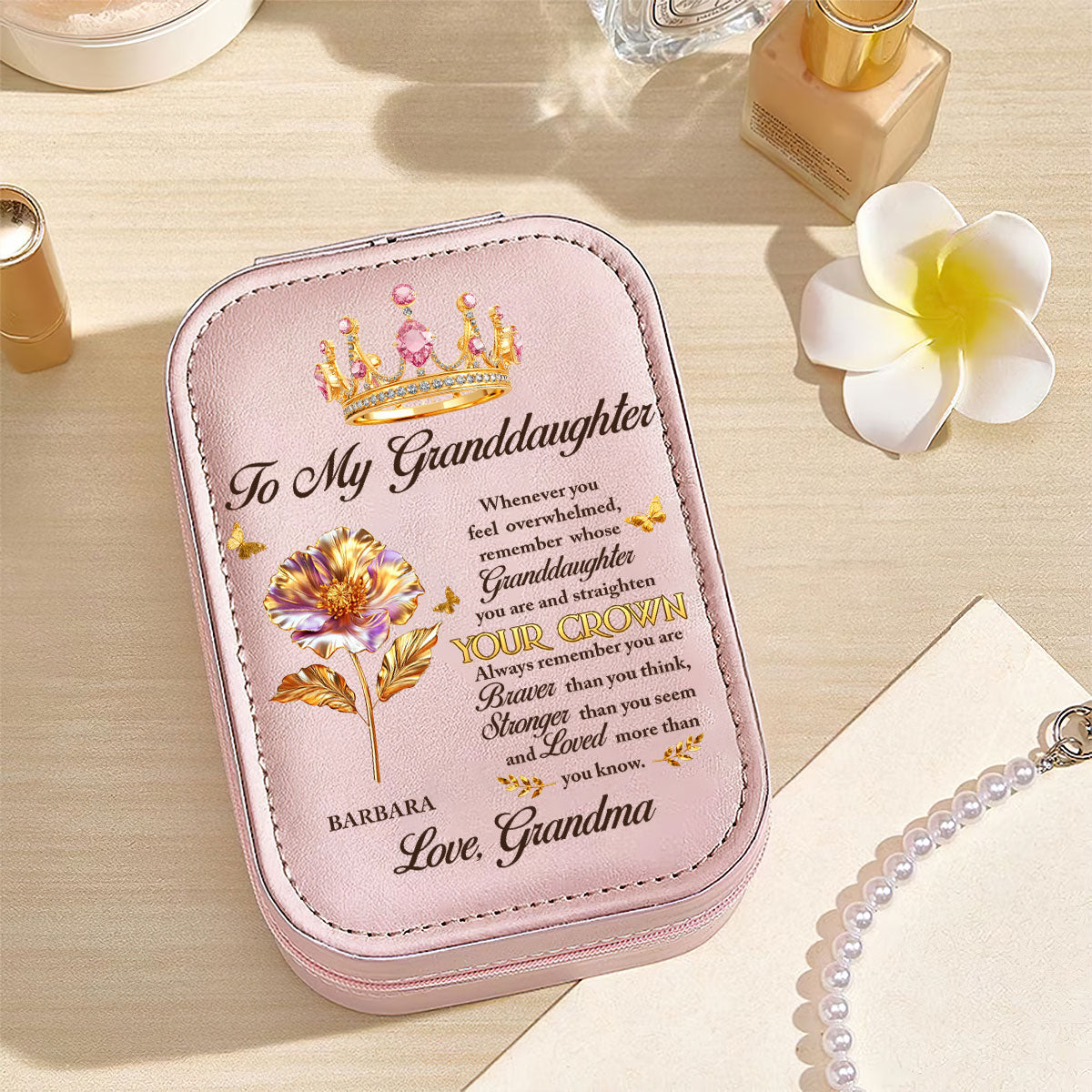 Personalized Leather LED Makeup Case with Crown Quote – Unique Granddaughter Gift from Grandma, Encouraging & Heartwarming Keepsake