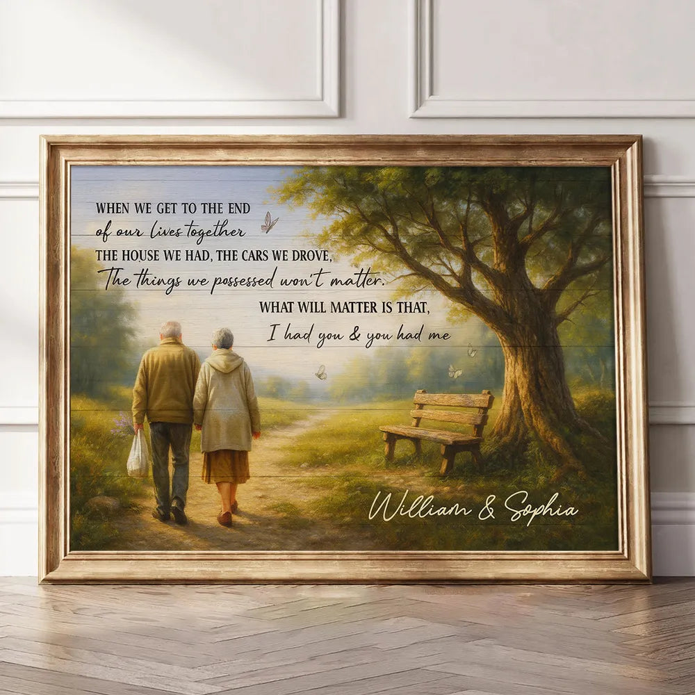 Custom Couple Poster Wall Art – Elderly Pair on Forest Path, Heartfelt Personalized Print, Romantic Keepsake Gift for Lifelong Partners