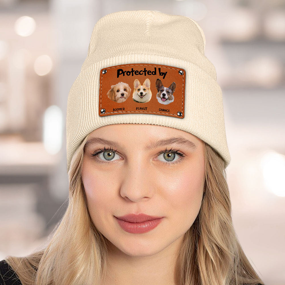 Leather Patch Beanie Hat with Funny Dog Prints, Cozy Gift