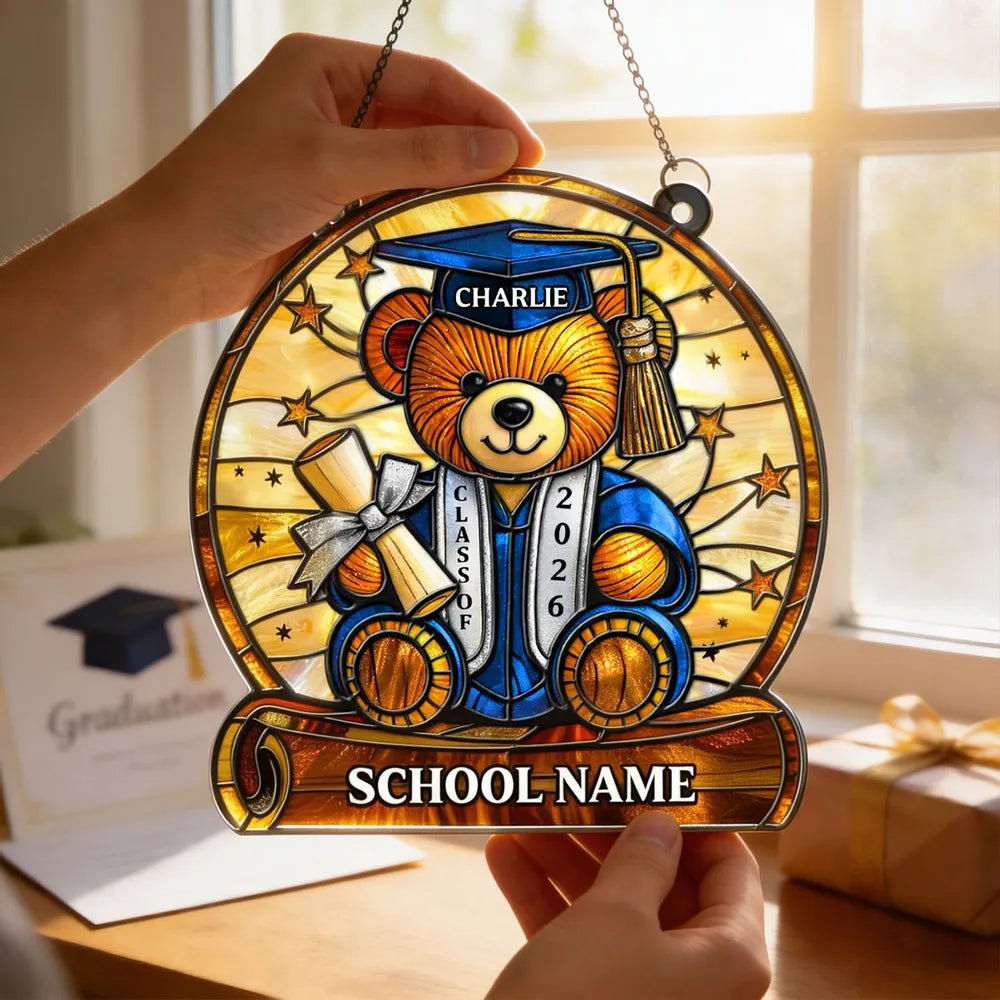 Stained Glass Style Graduation Teddy Bear Acrylic Suncatcher Ornament, Sweet Window Keepsake Gift for a Proud Grad