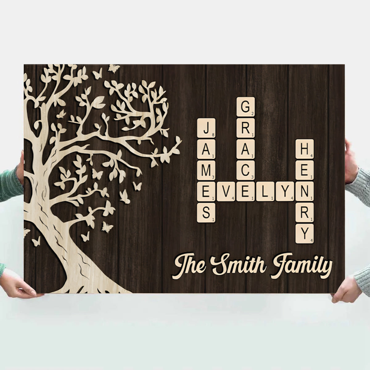 Family Crossword Poster - Custom Tree Wall Art, Warm Wood Look, A Unique Gift for Mom, Dad & Grandparents
