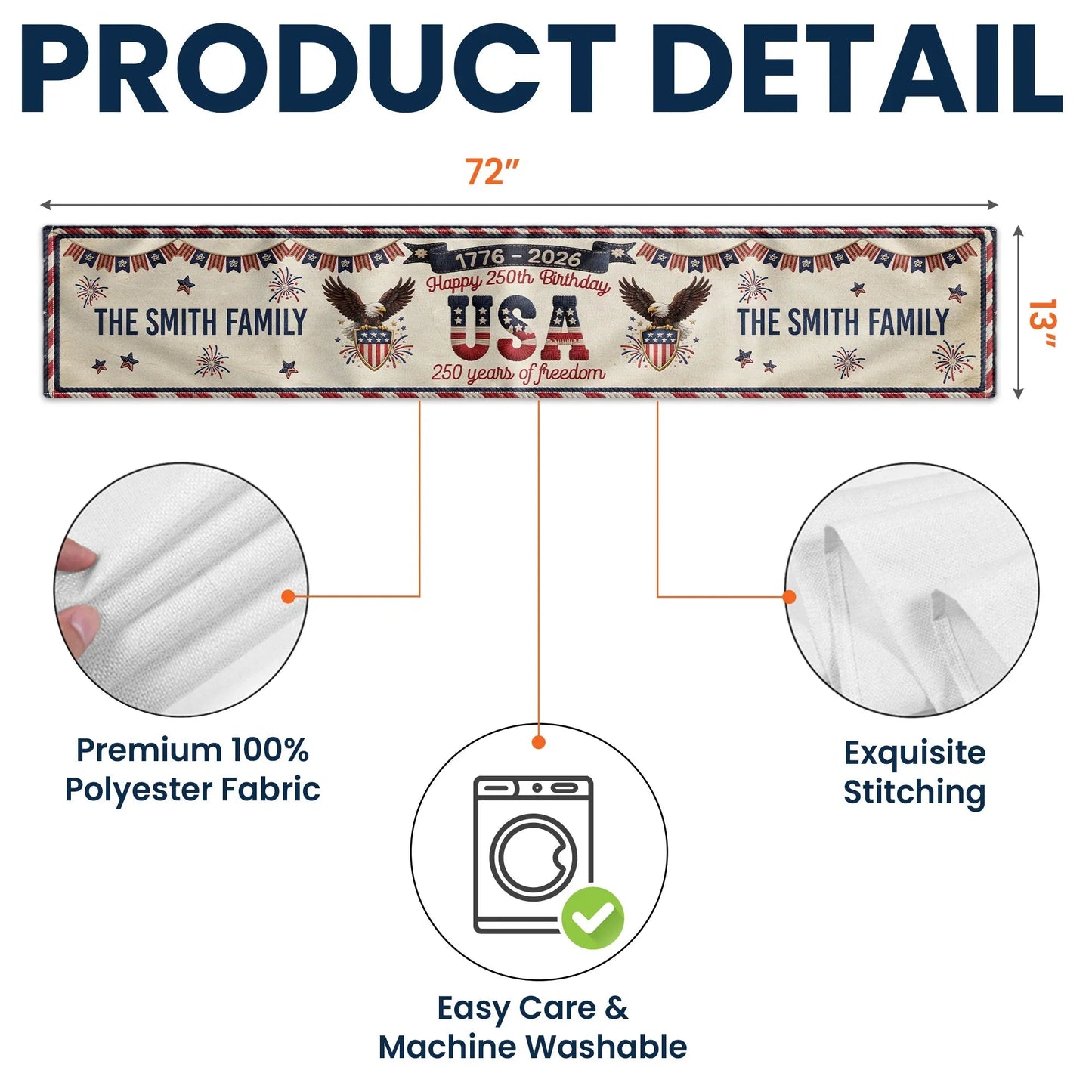 Personalized USA 250th Anniversary Table Runner with Patriotic Eagles & Fireworks - Unique Creative Gift for Family Hosts