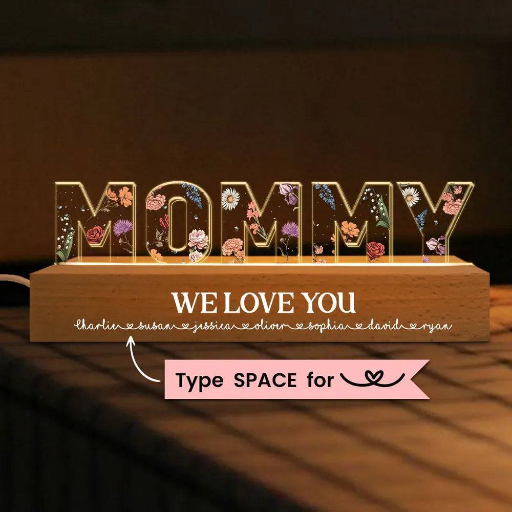 Personalized Block LED Light Plaque with Floral MOMMY Design and Warm Glow for Bedroom or Desk, Unique Gift for Mom