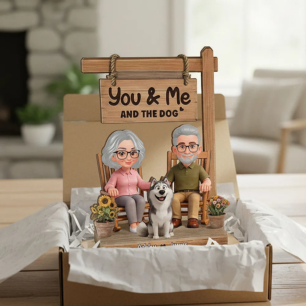 You & Me and the Dog 2-Layer Wooden Plaque, Personalized Sweet Cartoon Keepsake for Couple and Dog Lover Gift