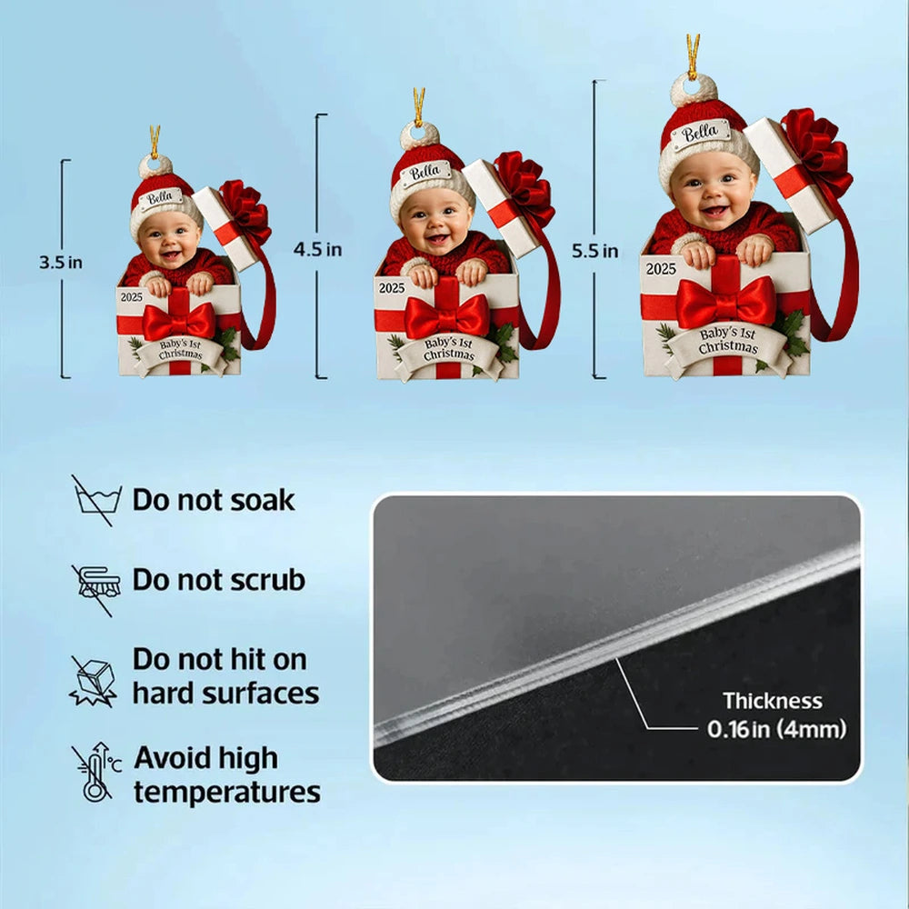 Baby's First Christmas Acrylic Ornament with Custom Photo – Adorable Gift Box Design for New Parents, Unique Personalized Holiday Gift