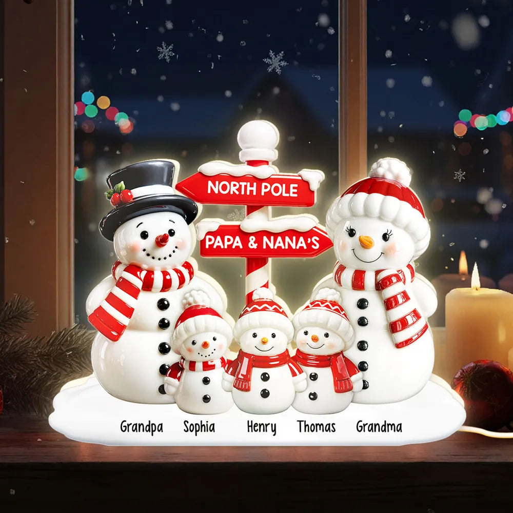 Personalized Acrylic Light Box with Snowman Family, North Pole Sign & Soft Warm Glow – Cute Christmas Decor & Unique Gift for Grandparents