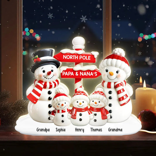 Personalized Acrylic Light Box with Snowman Family, North Pole Sign & Soft Warm Glow – Cute Christmas Decor & Unique Gift for Grandparents
