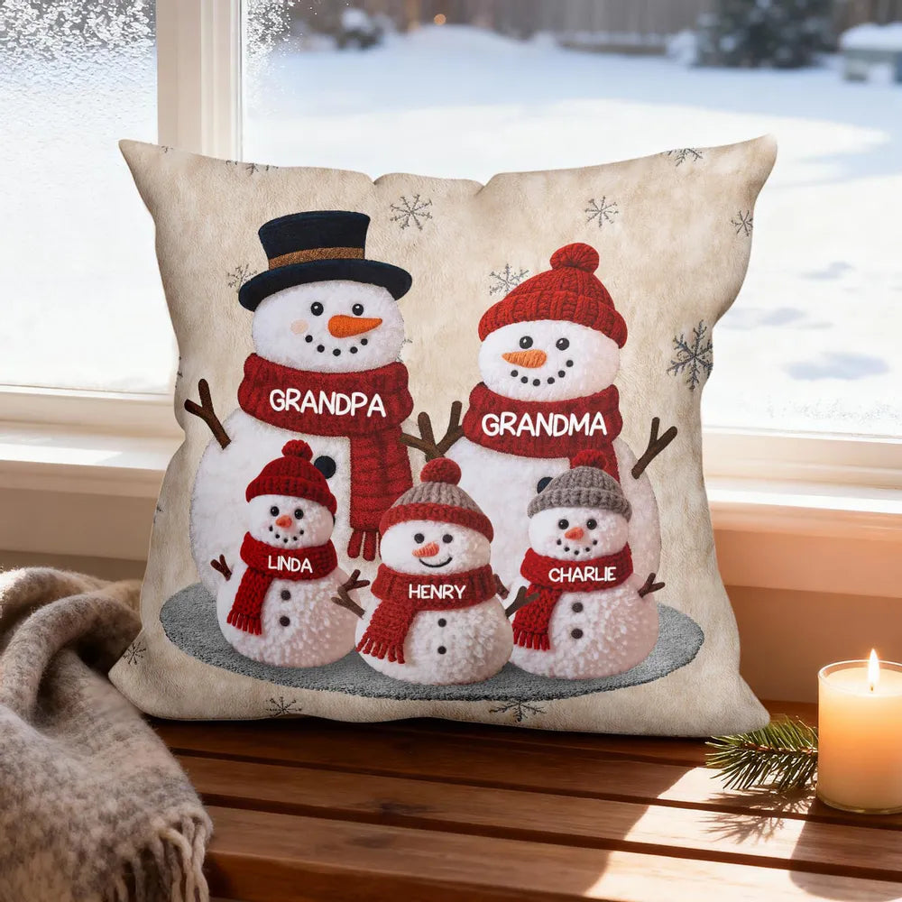 Square Pillow, Snowman Family Christmas Design, Personalized Holiday Decor, Cozy Accent for Grandma & Grandpa, a Unique Gift