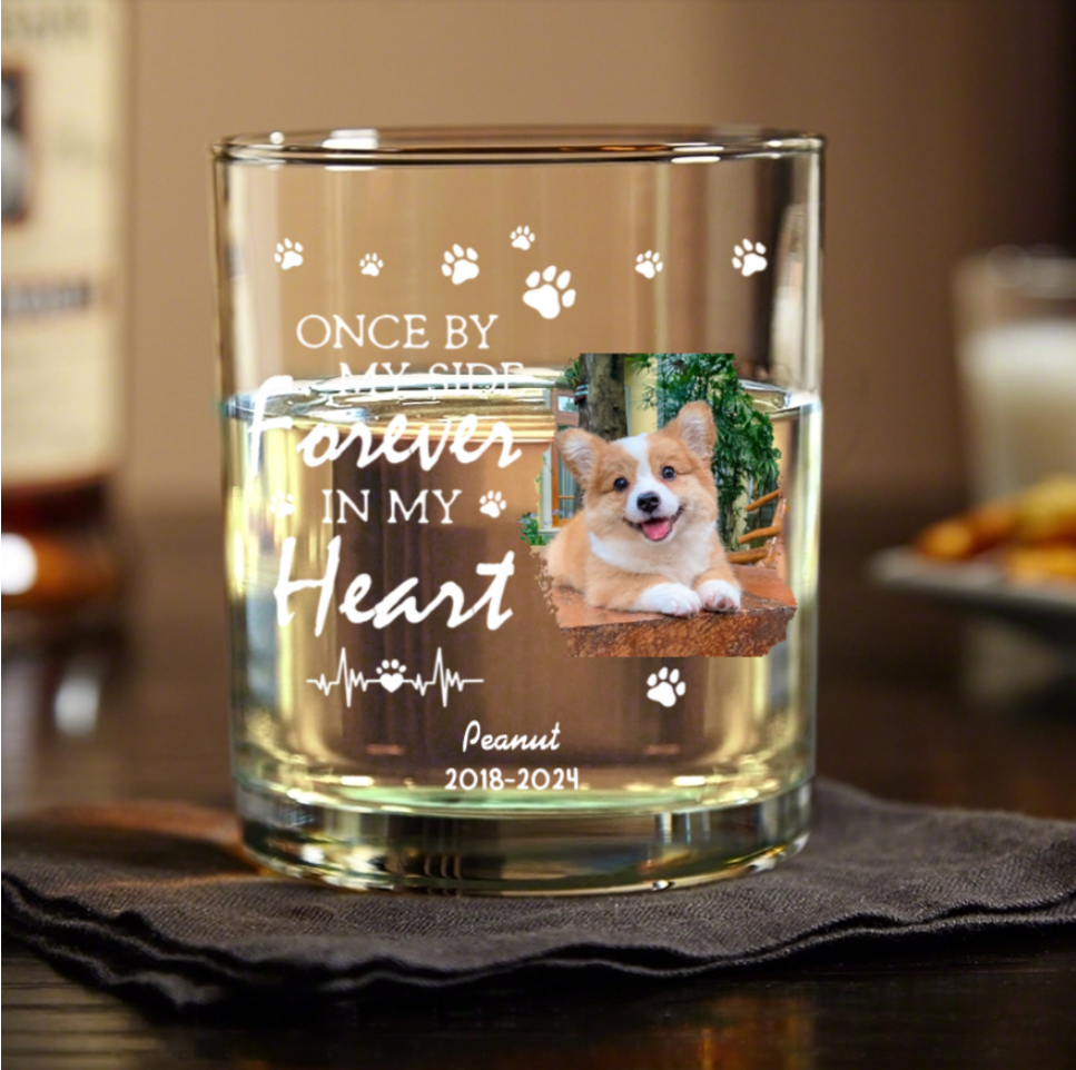 Personalized Pet Memorial Whiskey Glsses, "Forever in My Heart" Custom Keepsake with Photo and Name