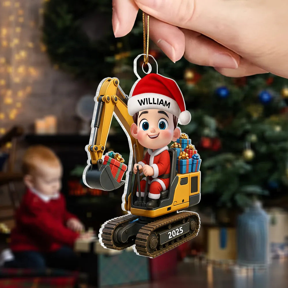 Christmas Acrylic Ornament with Cute Excavator and Santa Kid – Festive Decoration & Perfect Gift for Children
