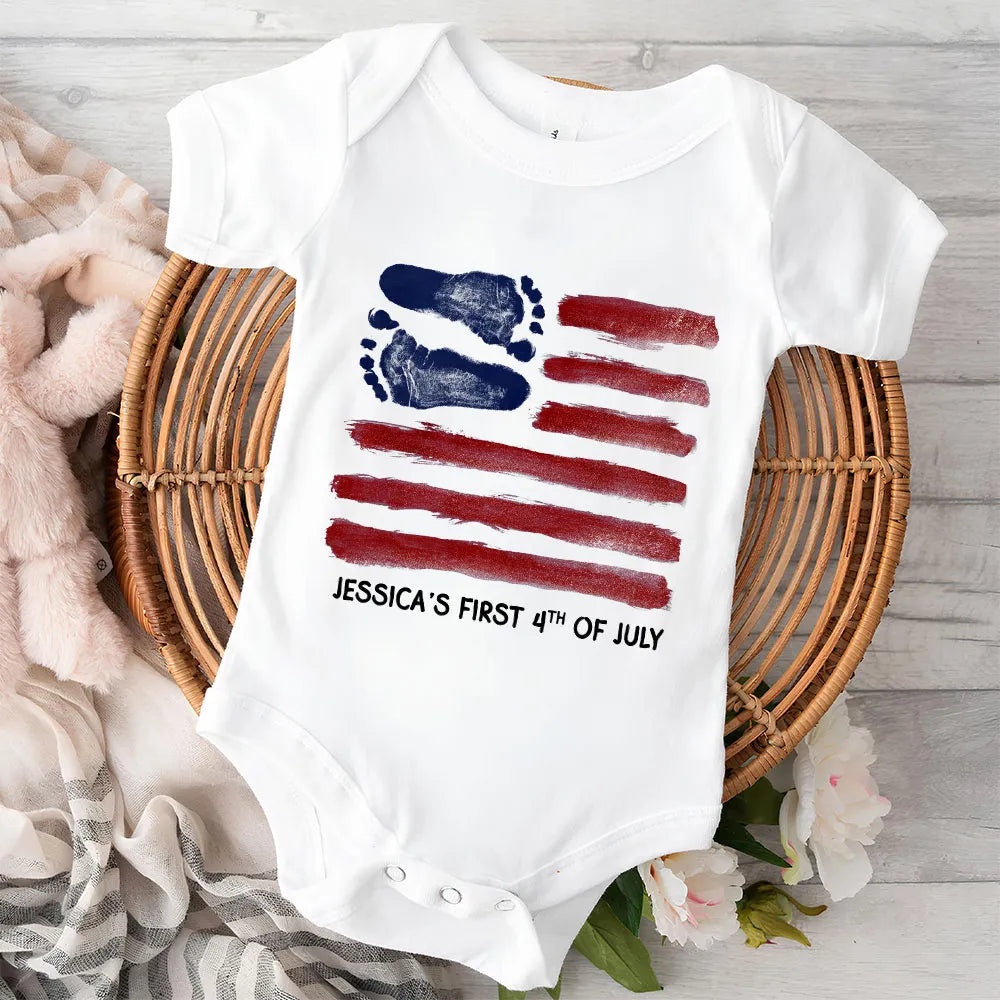Short Sleeve Baby Onesie with Baby Footprints American Flag - Personalized Keepsake Outfit, Sweet Gift for New Parents