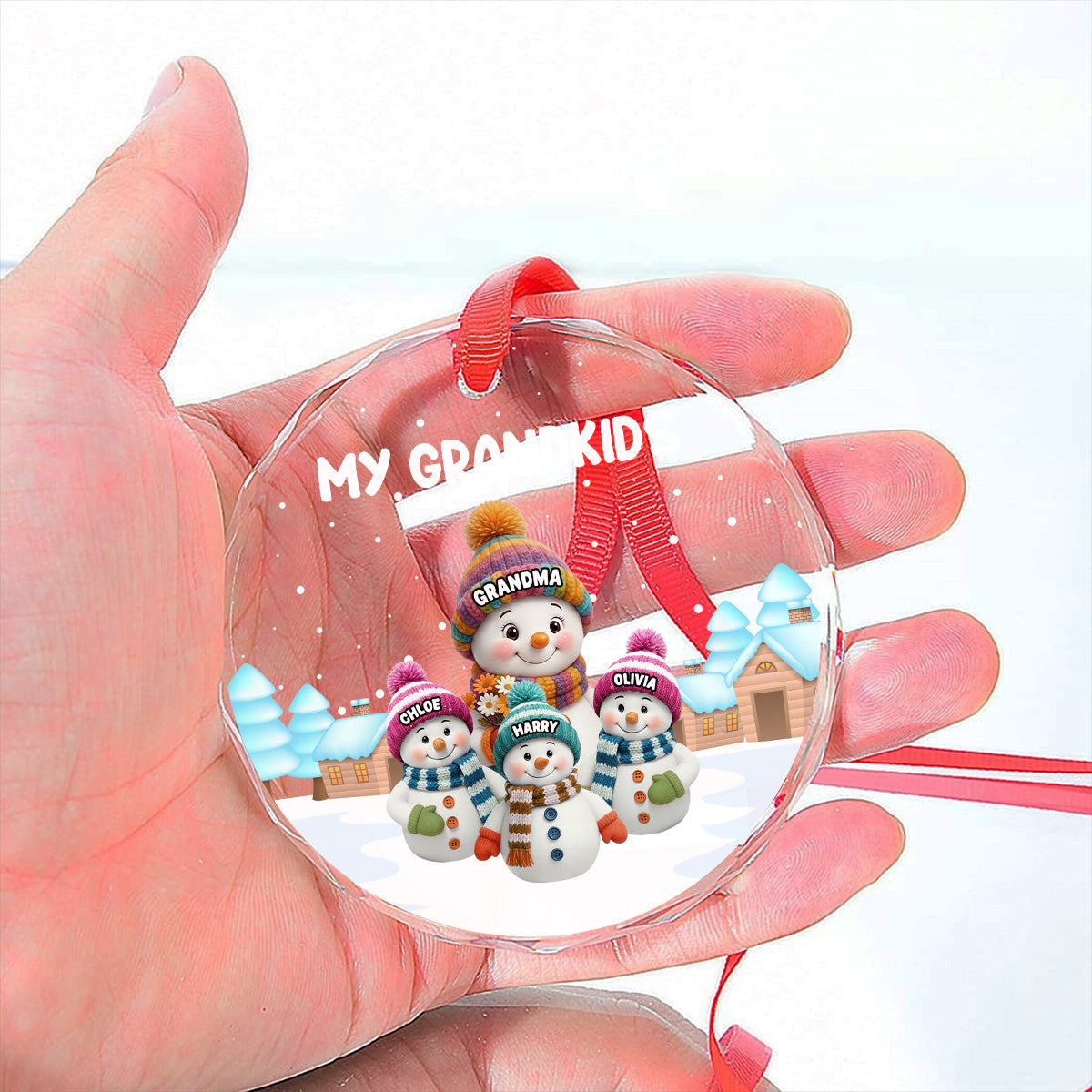 Crystal Ornament with Snowman Grandkids, Snowy Village Scene, customizable decor, heartfelt keepsake, unique gift for Grandma Grandpa