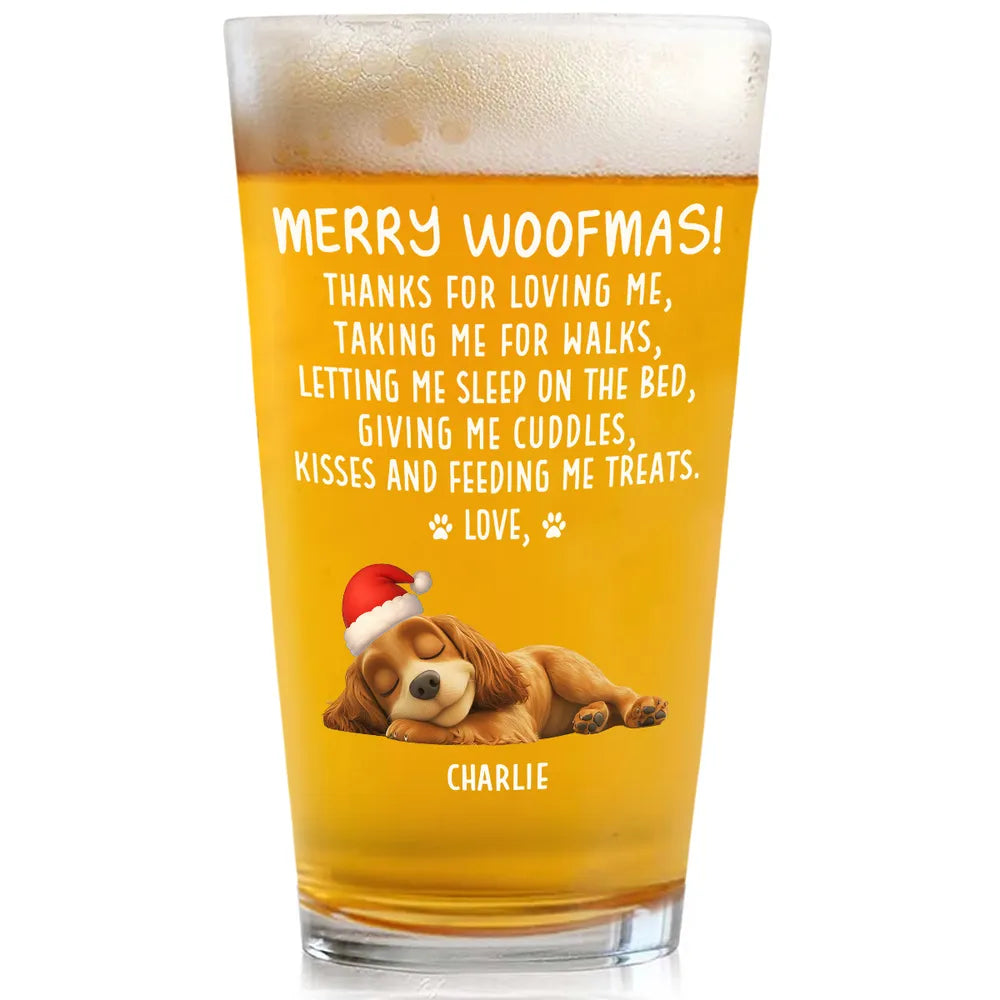 Beer Glass for Dog Lovers - Sleeping Puppy Santa Design, Christmas Message, a unique personalized gift for the home bar