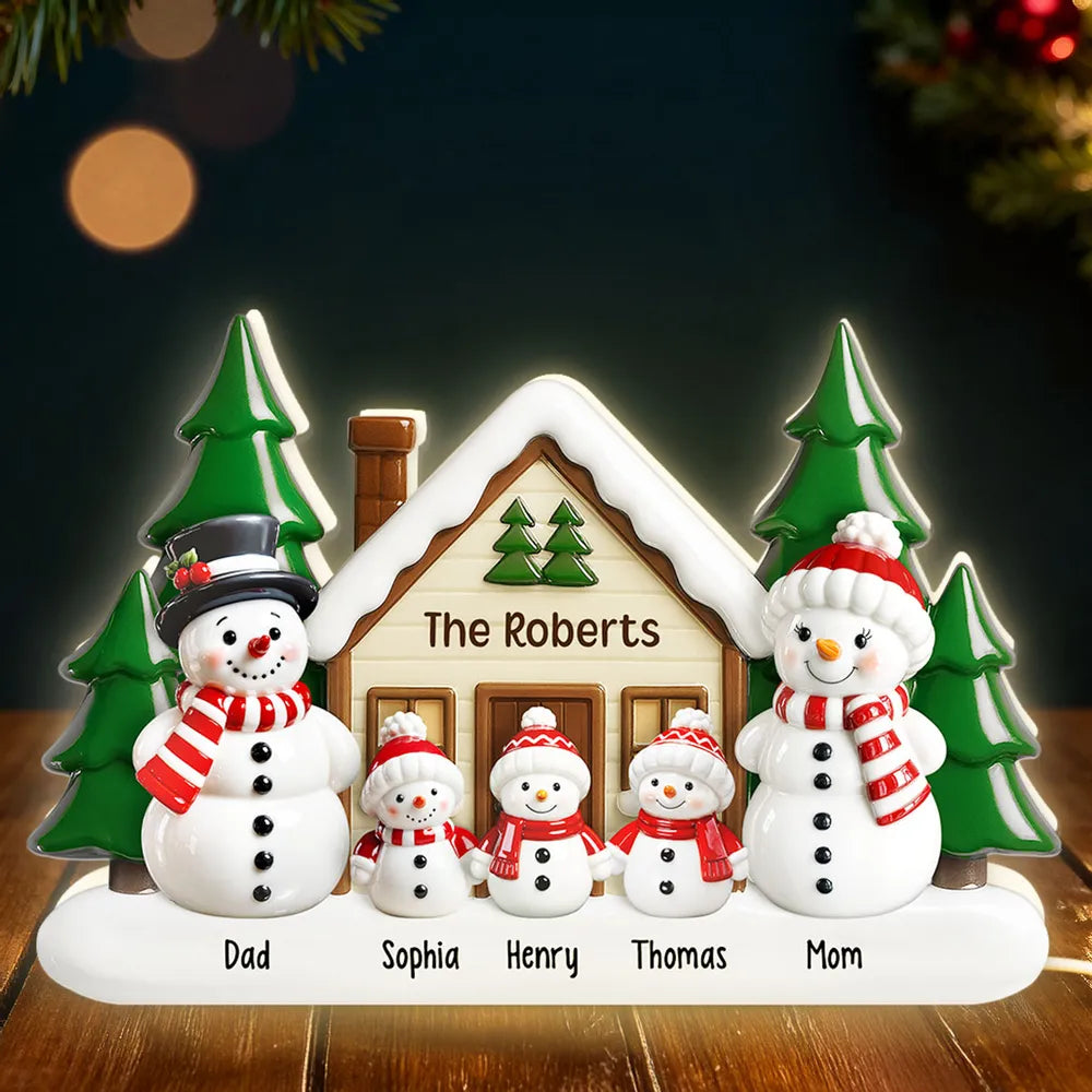 Acrylic Light Box Snowman Family Cabin, Warm Glow Christmas Decor, Custom Design, Unique Gift for Grandparents