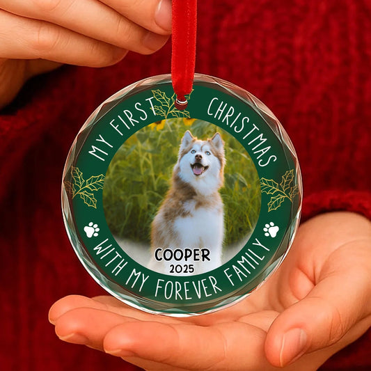 Crystal Ornament with Pet Photo, My First Christmas Circle Design in Green Holly, a Unique Gift for Pet Parents