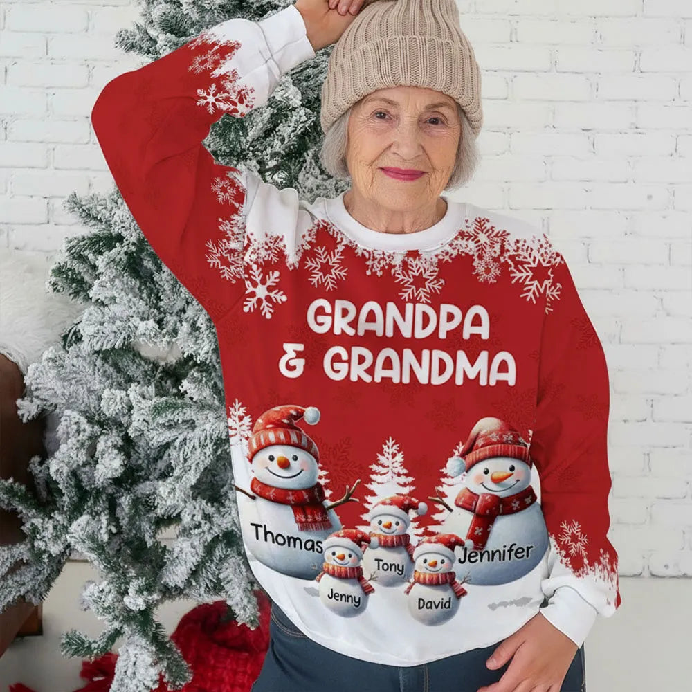 Personalized Printed Sweatshirt for Grandma and Grandpa with Cute Snowman Family Art, Cozy Christmas Keepsake & Unique Grandparent Gift