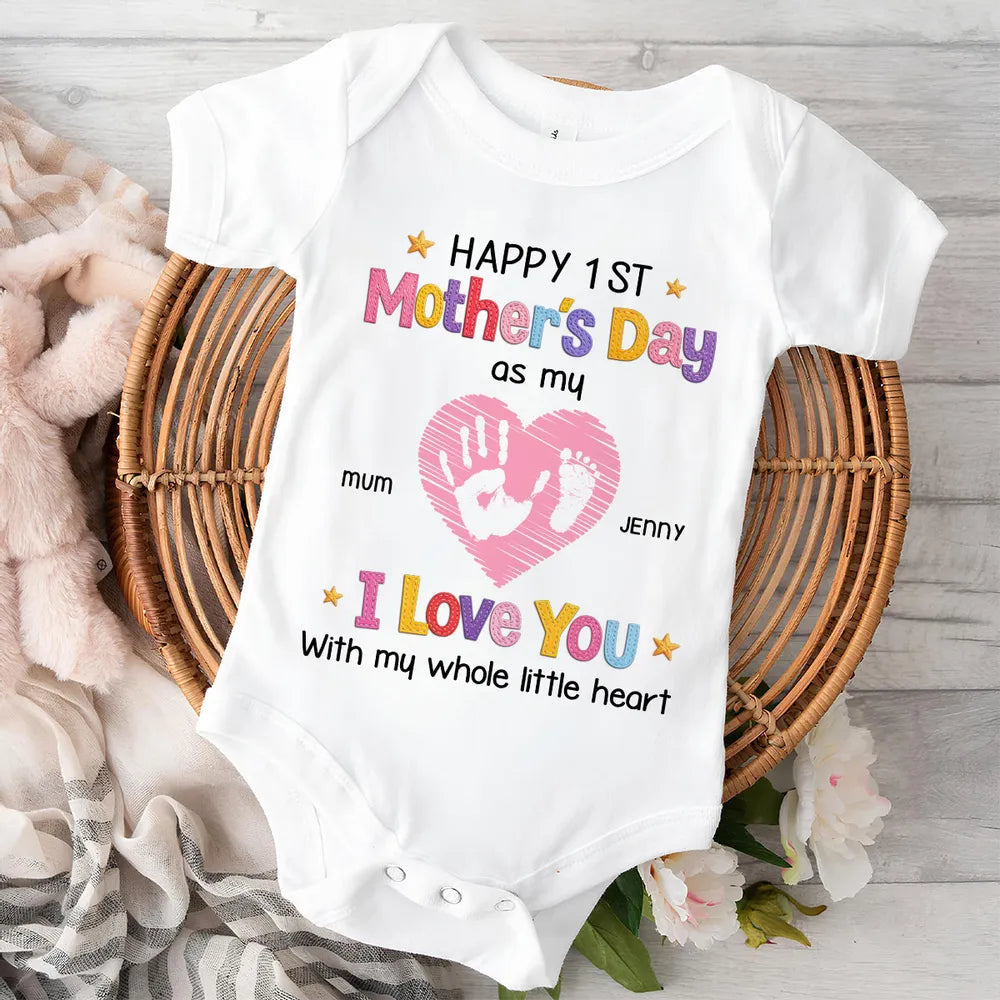 Short Sleeve Baby Onesie for Baby's First Mother's Day, Personalized Handprint Heart I Love You Design, Sweet Gift