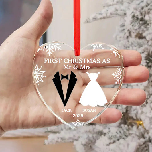 “First Christmas as Mr & Mrs” Crystal Heart Ornament, Personalized Newlywed Keepsake Gift