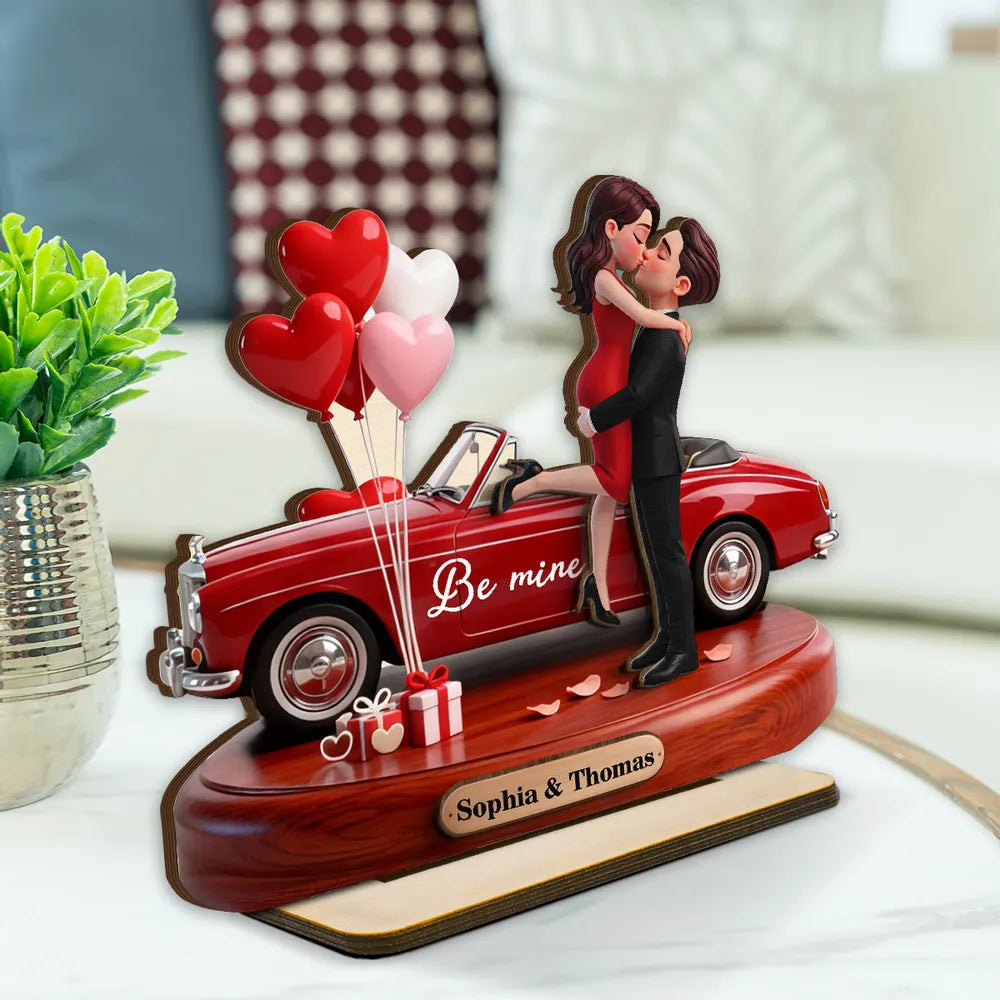 Romantic Personalized Wooden Plaque with Hugging Kissing Couple and Heart Balloons, Sweet Be Mine Gift for Couples and Valentine Decor
