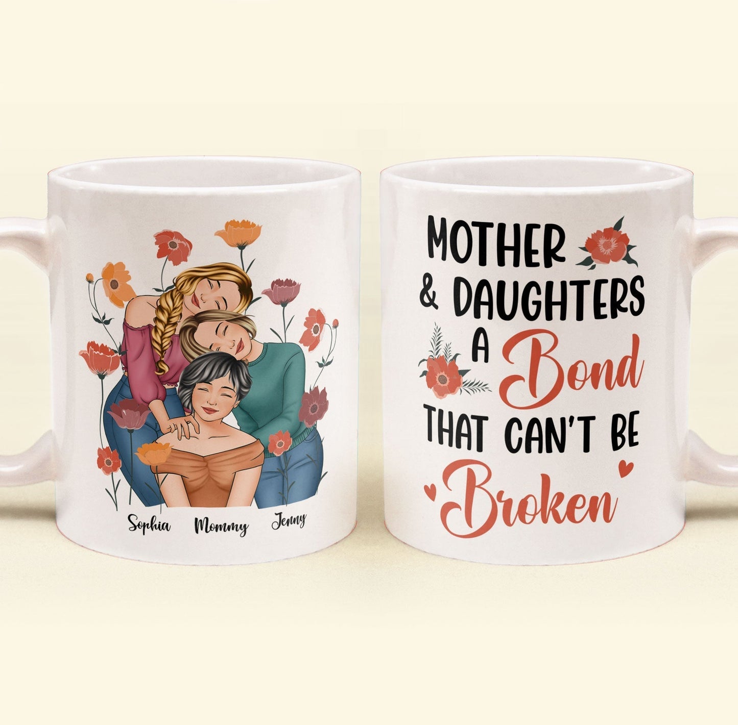 Personalized Gift for Mother or Daughter – Ceramic Mug Featuring Hugging Scene with 'First Our Mother, Forever Our Friend'