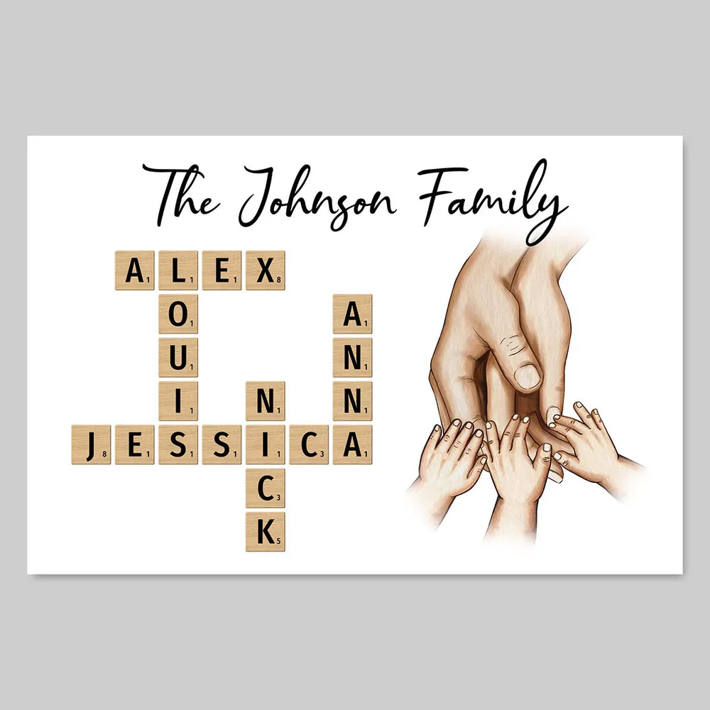 Personalized Poster or Keychain or Ornament or Plaque - Family Hands In Hands Crossword Puzzle Art Created In A Moment Treasured Forever