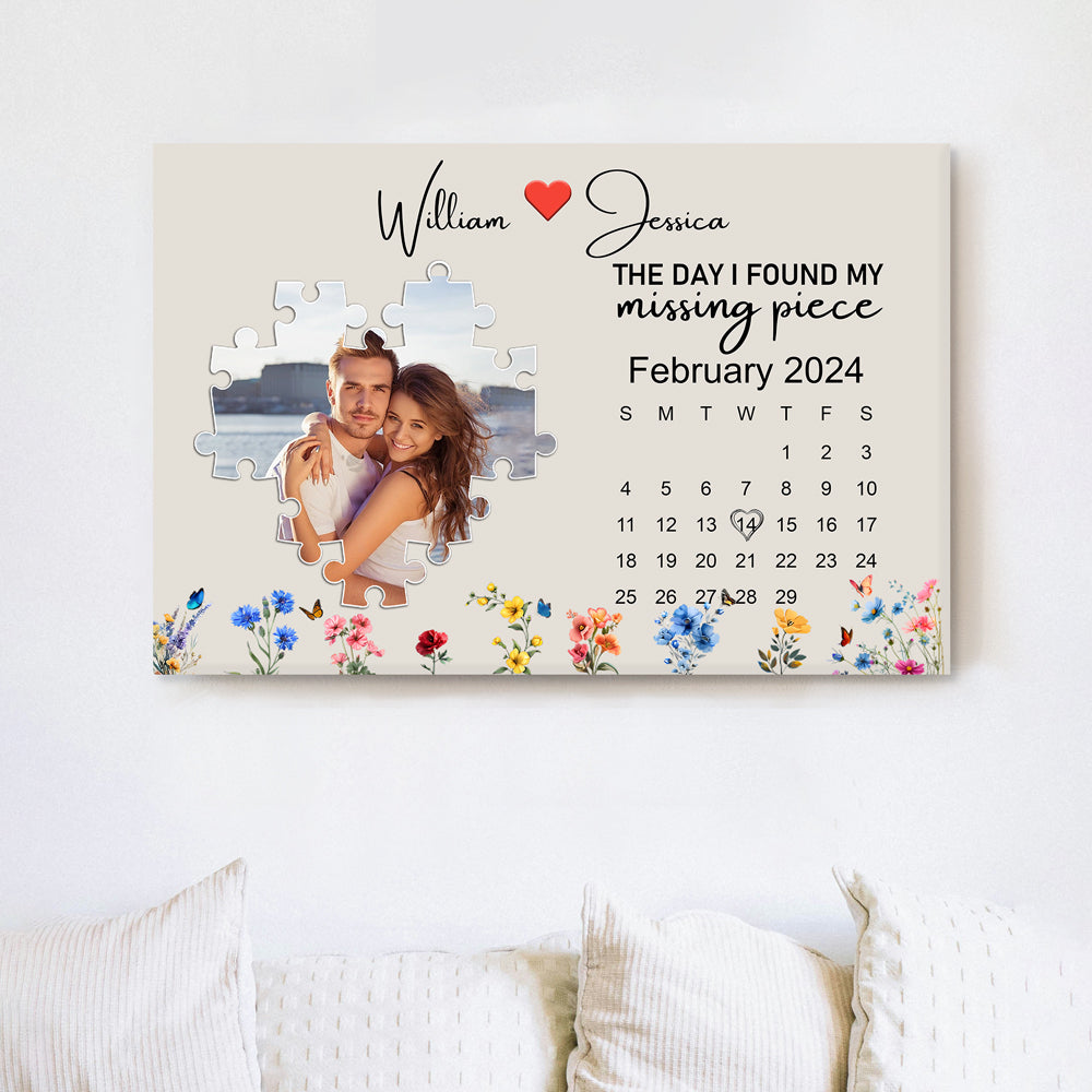 The Day I Found My Missing Piece – Customizable Couple's Poster, Gift for lover, with Puzzle Heart, Calendar, and Floral Details