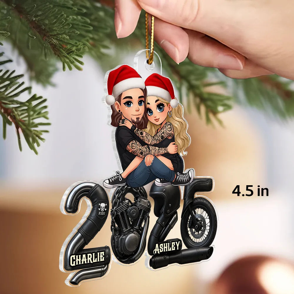 Cute Romantic Acrylic Ornament of a Hugging Biker Couple, Personalized Christmas Ornament, Sweet Unique Gift for Him or Her