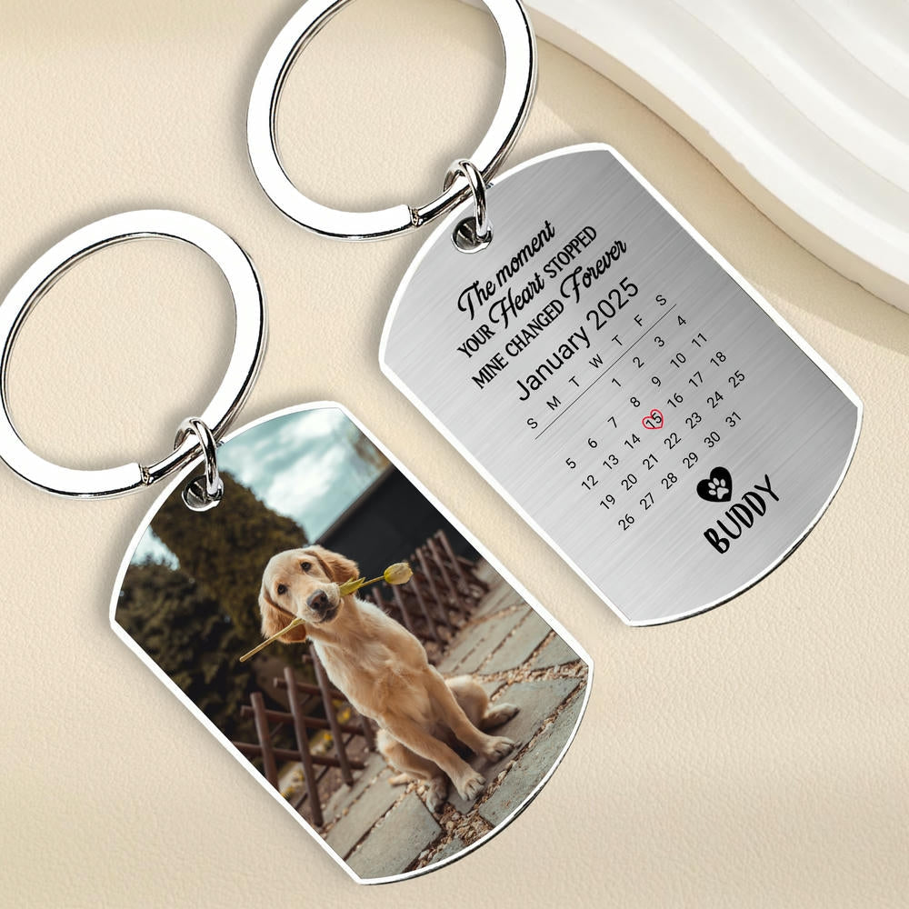 Pet Memorial Metal Keychain – “The Moment Your Heart Stopped, Mine Changed Forever” with Calendar & Photo