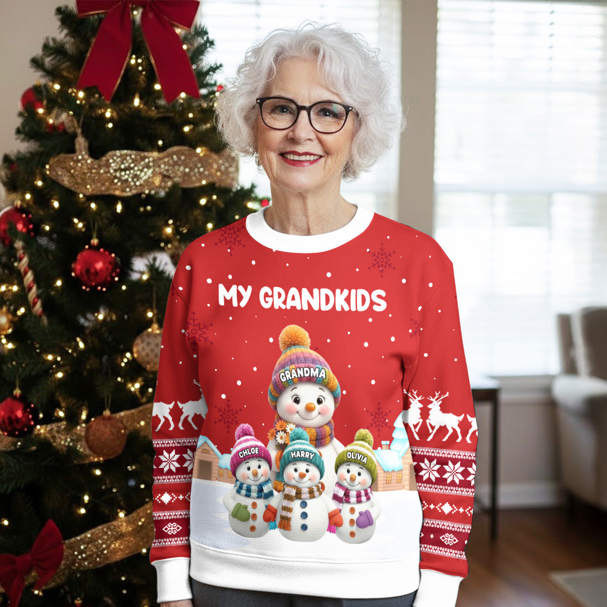 Christmas Sweatshirt for Grandparents, cute snowman family in snowy village, warm and soft, a unique gift for Grandma