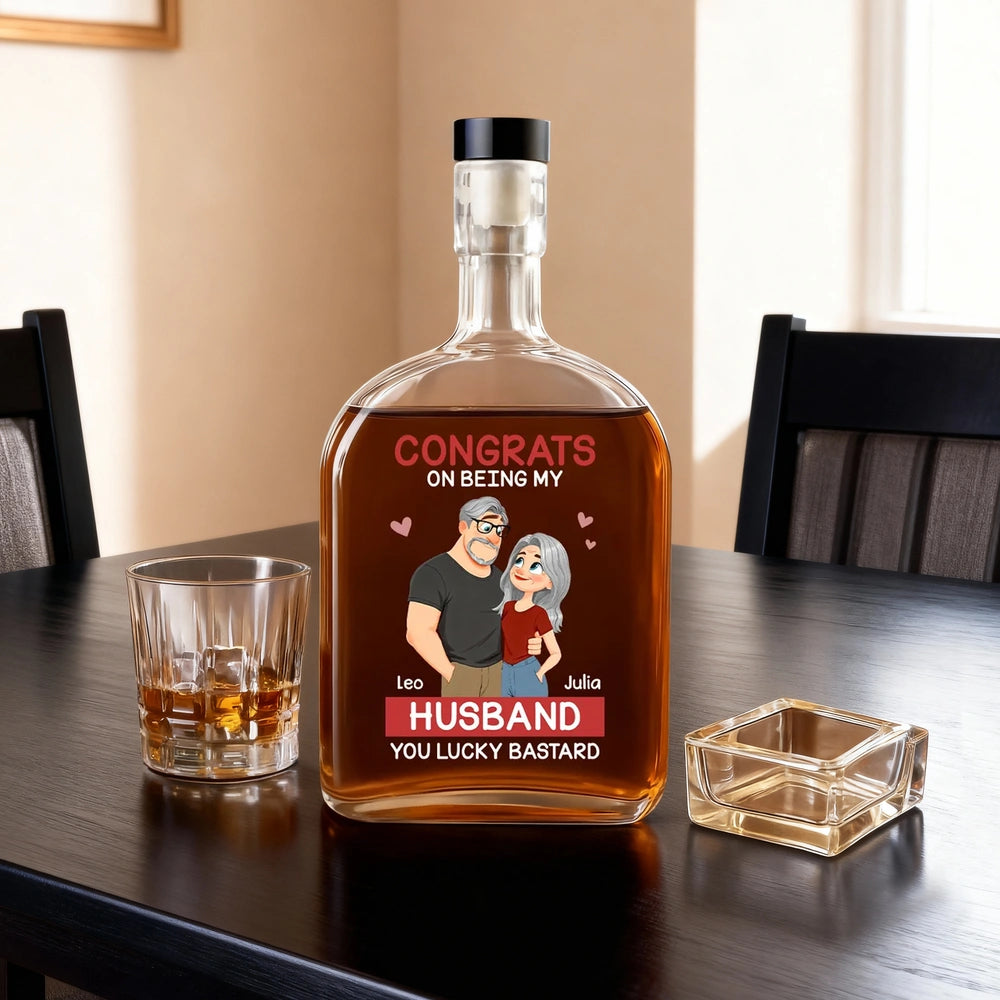 Personalized Glass Spirits Decanter with Funny Couple Illustration for Husband, Unique Home Bar Gift With a Luxury Touch