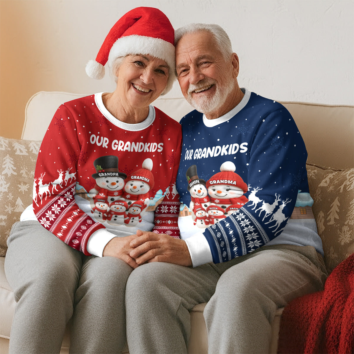Custom Our Grandkids Snowman Printed Sweatshirt, Cute Winter Grandparent Gift for Proud Nana and Papa, Heartwarming Christmas Surprise