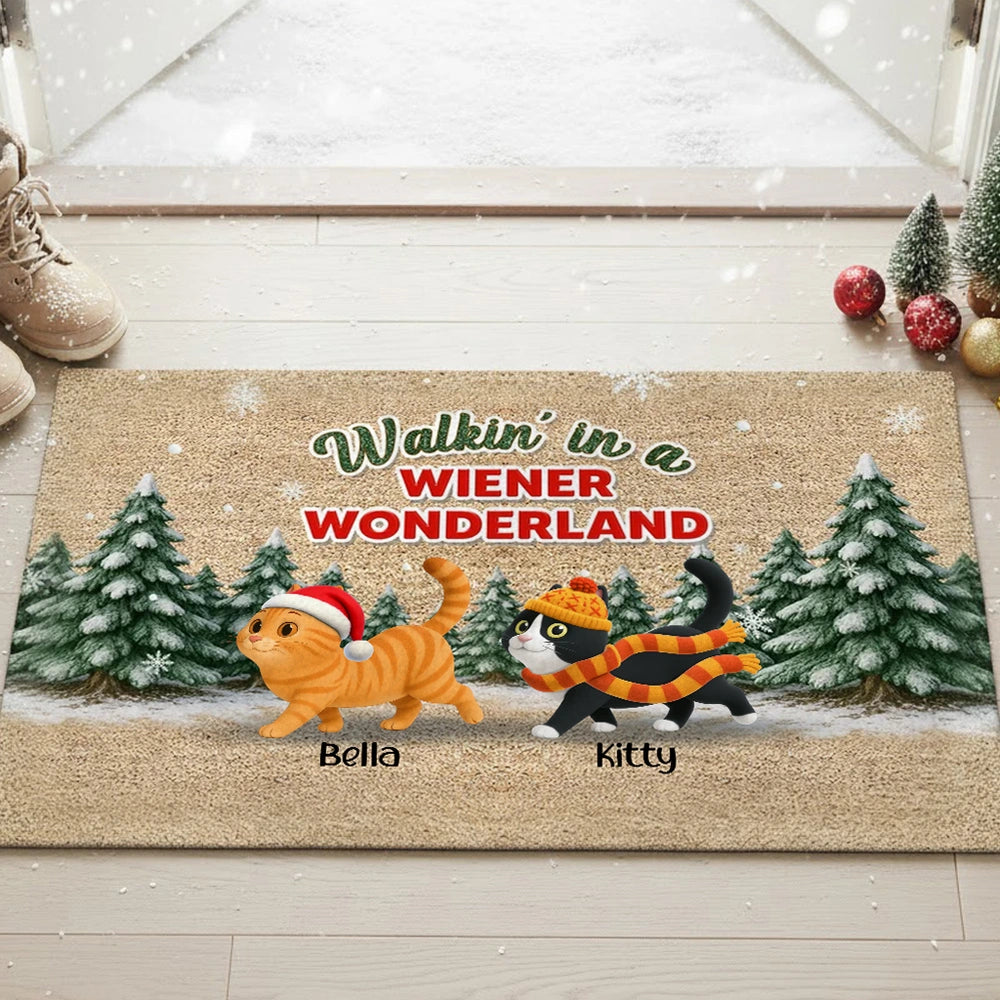 Personalized Standard Doormat with Cute Cats, Winter Wonderland Scene, Unique Holiday Gift for Pet Lovers