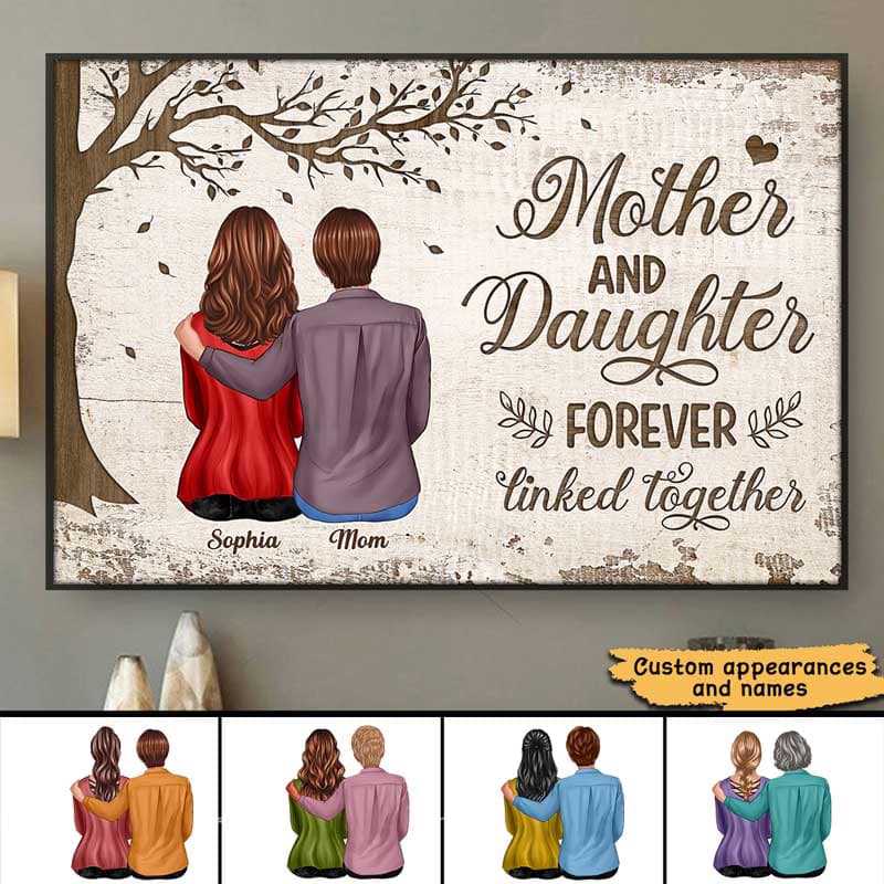 Poster – “Mother & Daughter Forever Linked” Back-View Hug Under Autumn Tree, Custom Gift for Mom or Child