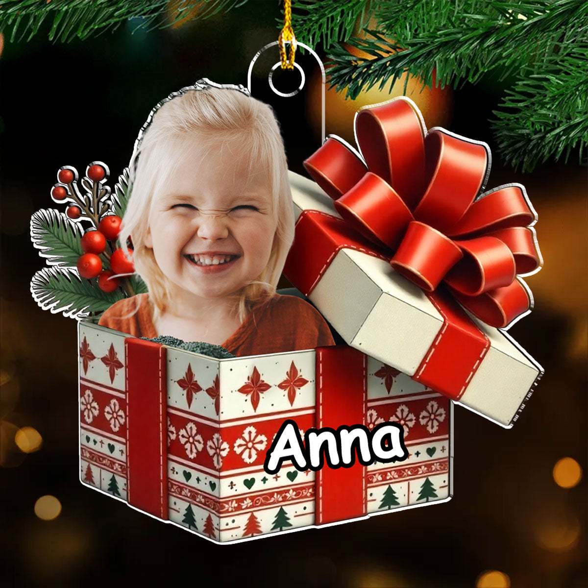Acrylic Ornament Baby Gift Box Photo Cutout, Red Bow Keepsake, Unique Holiday Gift for New Parents & Grandparents