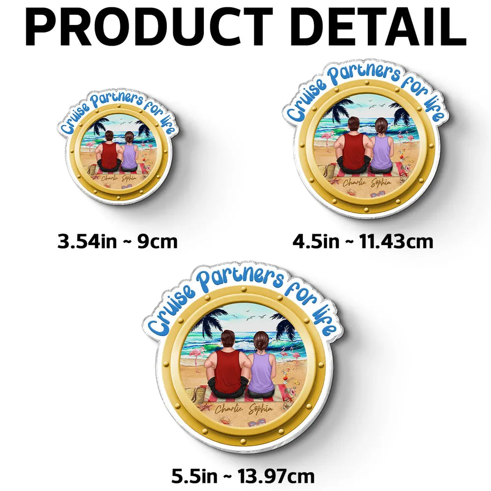 Personalized Cruise Partners for Life Acrylic Magnet, Back View Couple Sitting on a Beach Porthole, Unique Gift for Couples
