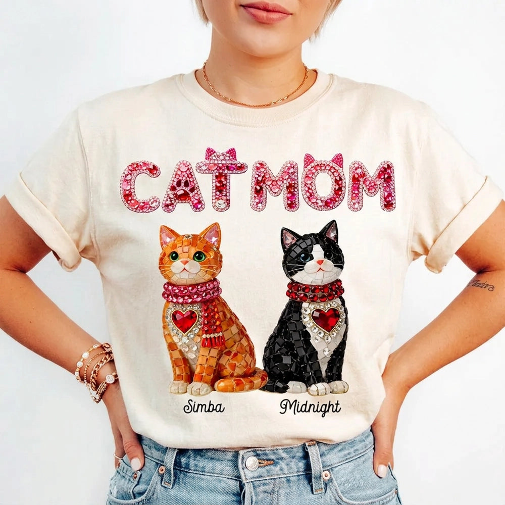 Personalized Cat Mom Classic Tee With Shiny Mosaic Cats, Cute Everyday Wear, Unique Gift for Cat Lovers