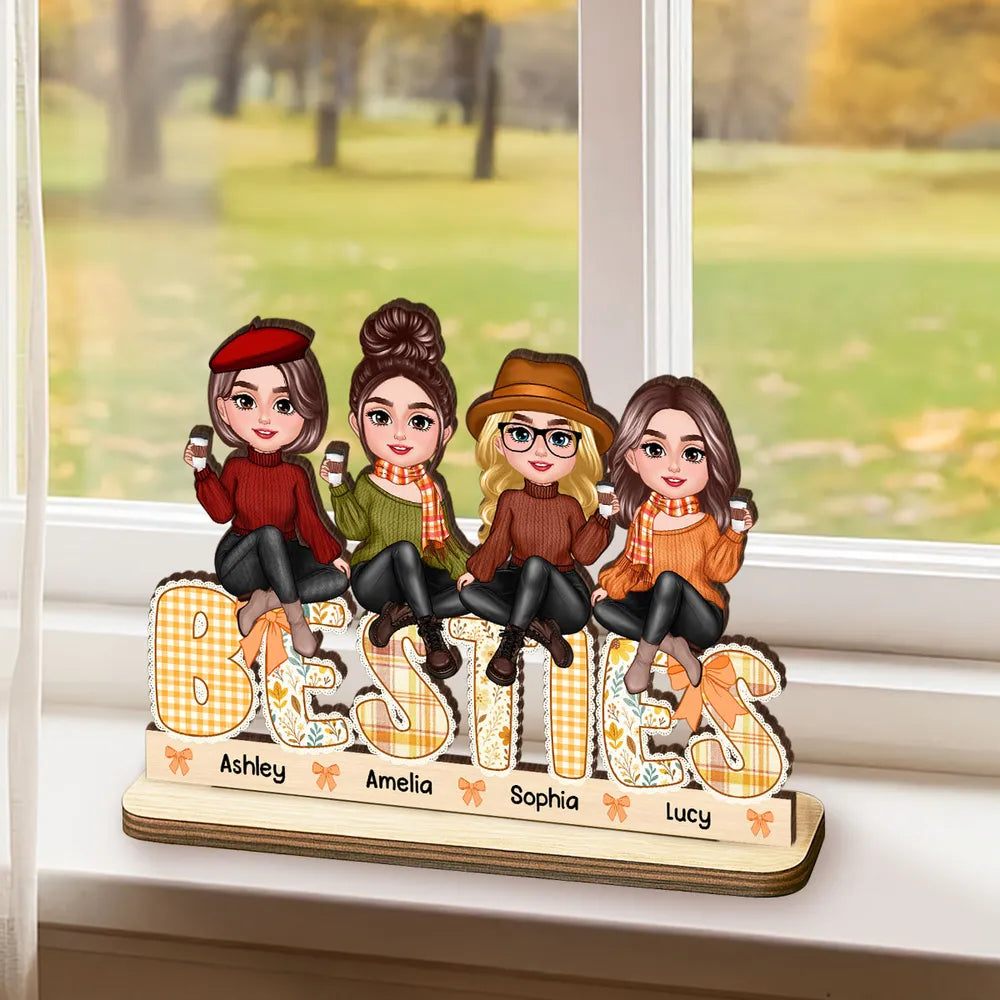 BESTIES Wooden Plaque – Autumn Coffee Time with Friends & Sisters, Personalized Gift for Best Friends